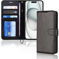 TechGear iPhone 15 Leather Wallet Case, Flip Protective Case Cover with Wallet Card Holder, Stand and Wrist Strap Black PU Leather with Magnetic Closure for
