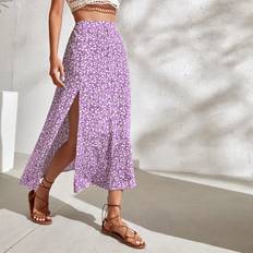 Purple - Women Skirts Shein Ditsy Floral Split Thigh Skirt