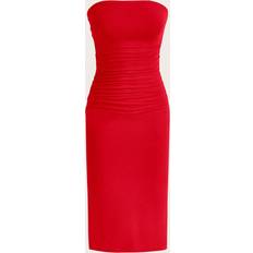 Knee Length Dresses - Red Shein Summer Red Solid Ruched Tube Slit Bodycon Dress