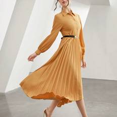 Orange - Shirt Dresses Shein Solid Pleated Hem Shirt Dress Without Belt