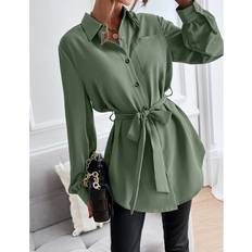 Fabric - Women Shirts Shein Solid Button Front Belted Shirt