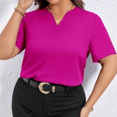 Pink Blouses Shein Plus Solid Notched Neck Blouse