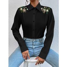 Best Shirts Shein Floral Embroidery Button Front Shirt