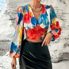 Tie Dye Blouses Shein Tie Dye Print Lantern Sleeve Crop Blouse