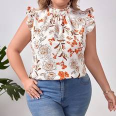 White Blouses Shein Plus Floral Print Ruffle Trim Mock Neck Blouse