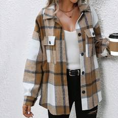 Shein Coats Shein Plaid Print Drop Shoulder Flap Pocket Coat