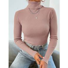 Pink - Turtleneck Sweaters Shein Turtleneck Ribbed Knit Jumper Without Necklace