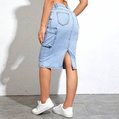 Denim Skirts Shein Flap Pocket Split Back Denim Skirt