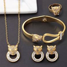 Stainless Steel Jewellery Sets Shein set fashion rhinestone decor leopard necklace bracelet earrings ring jewelry set