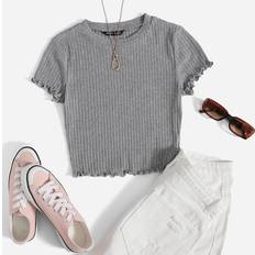 Cropped T-shirts Shein Solid Lettuce Trim Ribknit Tee
