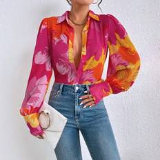 Pink - Women Shirts Shein Floral Print Button Front Shirt