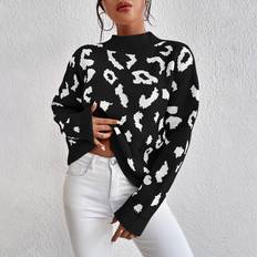 Leopard - Women Sweaters Shein Leopard Pattern Mock Neck Drop Shoulder Jumper