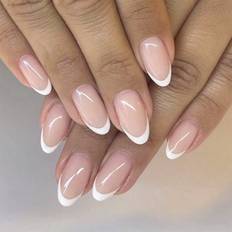 Shein 24pcs Short Round Fake Nails Set, Simple White French Style With Border Design, Nail Art Accessories