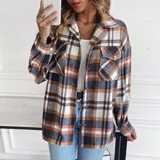 Multicoloured - Women Coats Shein Plaid Print Drop Shoulder Flap Pocket Coat