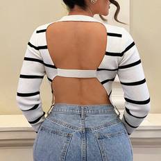 Polyamide - Women Tops Shein Striped Pattern Backless Crop Sweater