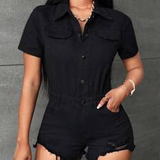 Women Jumpsuits & Overalls Shein Flap Detail Raw Cut Denim Romper