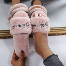 Polyurethane Slippers Shein Letter Embroidered Fluffy Slippers Pink Embroidered Letter Womens House Slippers