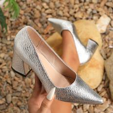 Polyurethane - Silver Heels & Pumps Shein Womens Chunky Heel Simple Design Work Daily Pumps