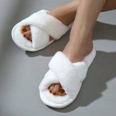 White Slippers Shein Women Criss Cross Fuzzy Bedroom Slippers Fashion Indoor Home Slippers