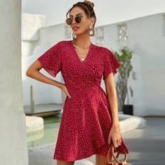 Röda - Utställda klänningar Shein Polka Dot Knot Side Wrap A-line Dress