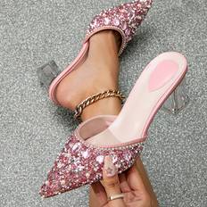 Polyurethane Heels & Pumps Shein Womens Fashionable Rhinestone High Heels With Transparent Heels And Pointed Toe Design Comfortable And Stylish