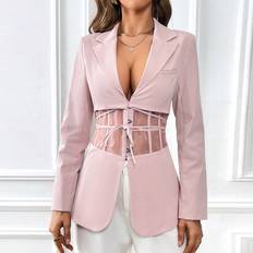 Pink Blazers Shein Mesh Insert Tie Front Blazer