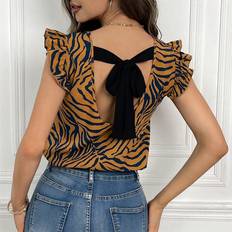 Zebra Blouses Shein Work Women Tops Zebra Striped Tie Backless Ruffle Trim Blouse