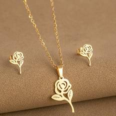 Gold Jewellery Sets Shein set Golden Stainless Steel Rose Design Jewelry Set Including pair Earrings And Necklace Perfect For Womens Daily Wear Festival Birthday Party Etc