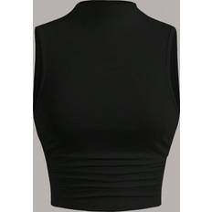 Viscose Tank Tops Shein Black Mock Neck Ruched Tank Top