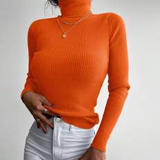 Orange - Roll Neck Jumpers Shein Rippenstrick Einfarbig Lässig Damen Pullover