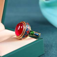 Red Rings Shein pc Fashionable Vintage Enamel Flower Design Luxurious Ruby Ring Suitable For Women