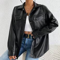 Shein Flap Pocket Drop Shoulder PU Leather Coat