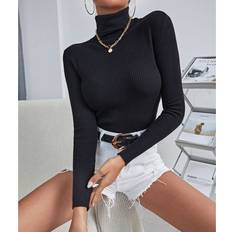 Tops Shein Solid High Neck Rib Knit Jumper