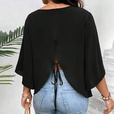 Black - Women Blouses Shein Plus Tie Back Butterfly Sleeve Blouse