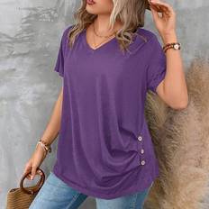 Pleats T-shirts Shein Plus Womens V Neck Short Sleeve Pleated TShirt Solid Button Detail Tee Button Detail Ruched Tee Tops