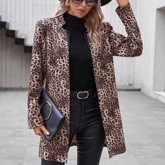 Multicoloured Coats Shein Leopard Print Open Front Coat