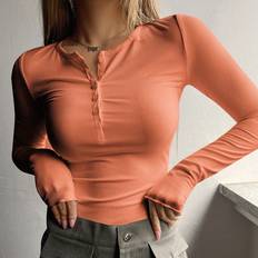 Orange - Women Tops Shein Half Button Ribbed Knit Tee