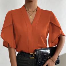 Orange - Women Blouses Shein Solid Petal Sleeve V Neck Blouse