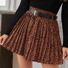 Brown - Midi Skirts Shein Paperbag Waist Leopard Print Belted Skirt