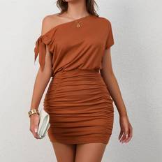 Brown - Knee Length Dresses Shein Asymmetrical Neck Ruched Bodycon Dress