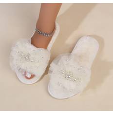 White Slippers Shein Womens Round Toe Open Toe White Flower Embellished Flat Nonslip Home Slippers