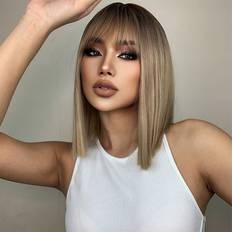 Shein HAIRCUBE 14 Inch Ombre Brown Blond Wigs for Women Short Straight Wigs with Bangs Wigs Stylish Fashionable Wigs