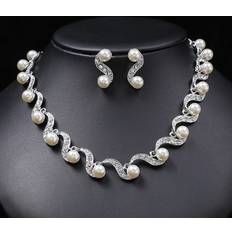 Shein New Fashion Elegant Big Pearl Bridal Jewelry Sets Silver Color Crystal Alloy Earrings & Necklace Sets For Women Gifts Designer bone