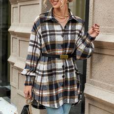 Multicoloured Coats Shein Plaid Print Drop Shoulder High Low Hem Coat Without Belt