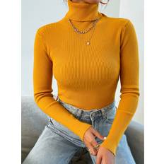 Knitted Sweaters - Yellow Jumpers Shein Turtleneck Ribbed Knit Jumper Without Necklace