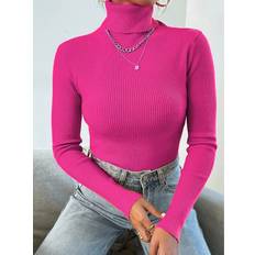 Pink - Turtleneck Sweaters Shein Turtleneck Ribbed Knit Jumper Without Necklace