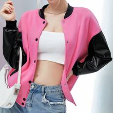 Bomber Jackets - Pink Shein Letter Graphic Drop Shoulder Two Tone Bomber Jacket