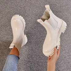 Chelsea Boots Shein Womens Solid Colored Chelsea Boots In Beige With Synthetic Leather Simple Style Slipon Chelsea Boots With Elastic