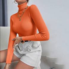 Knitted Sweaters - Orange Jumpers Shein Turtleneck Ribbed Knit Jumper