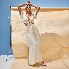 Shein Beige Dresses Shein Summer Beach Tie Front Deep V Neck Cutout Waist Split Hem Maxi Dress